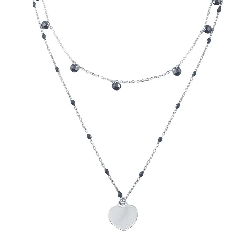 Necklaces and pendants with star-shaped designs for a whimsical, celestial touch-Rhodium Plated 925 Sterling Silver Multi Chain Black CZ Enamel Beaded Heart Necklace - ECN00063RH