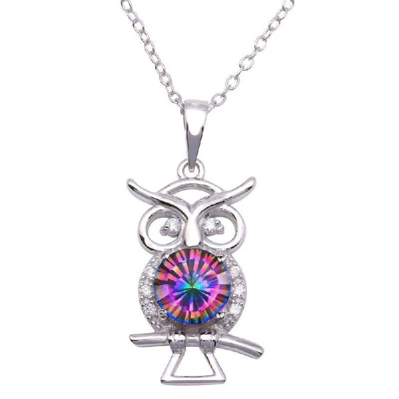 Necklaces and pendants with celestial starburst designs for a radiant look-Rhodium Plated 925 Sterling Silver Mystic Topaz CZ Owl Necklace - BGP01322