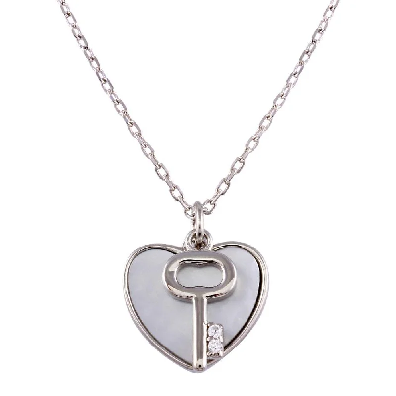 Necklaces and pendants with geometric pendants for a clean, contemporary design-Rhodium Plated 925 Sterling Silver Key and Mother of Pearl Hearts Necklace - STP01757