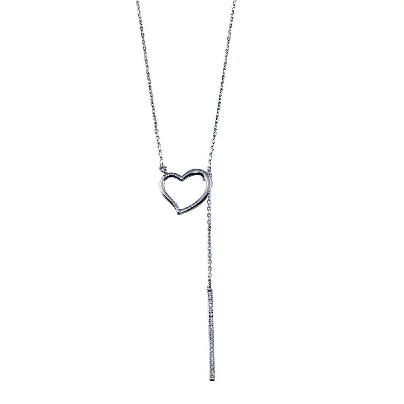 Best necklaces and pendants with heart-shaped designs for a romantic look-Rhodium Plated 925 Sterling Silver Open Heart Necklace with CZ Drop Bar - GMN00090