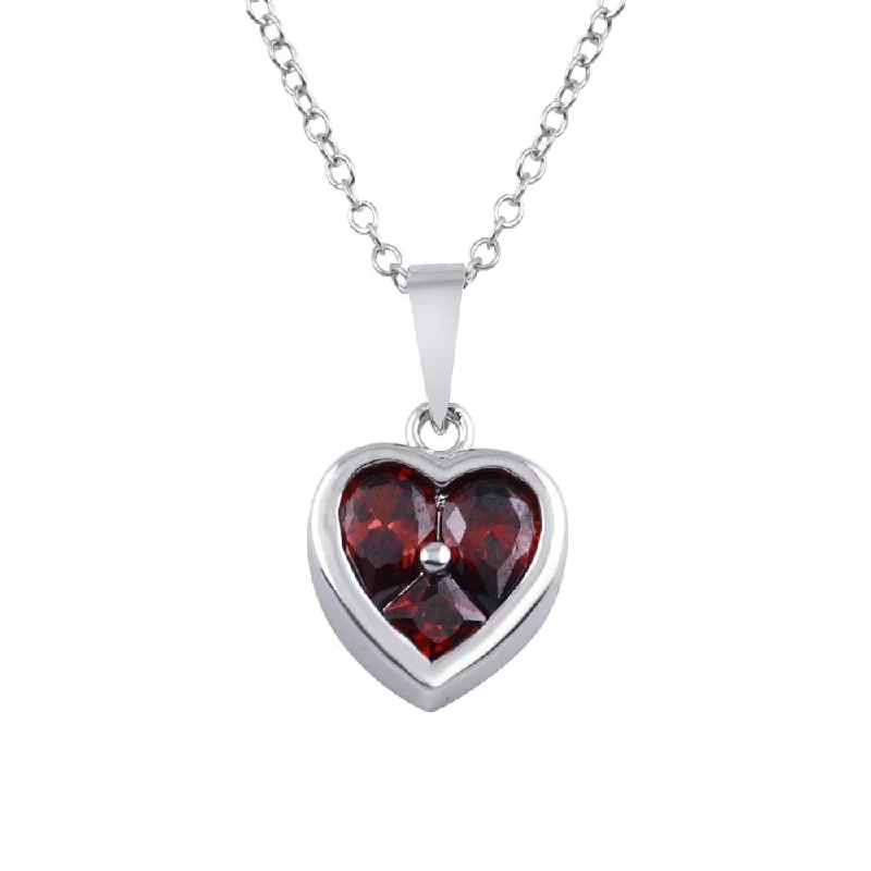 Unique necklaces and pendants with custom birthstone arrangements for personalization-Rhodium Plated 925 Sterling Silver Heart Red CZ Necklace - BGP01312RED