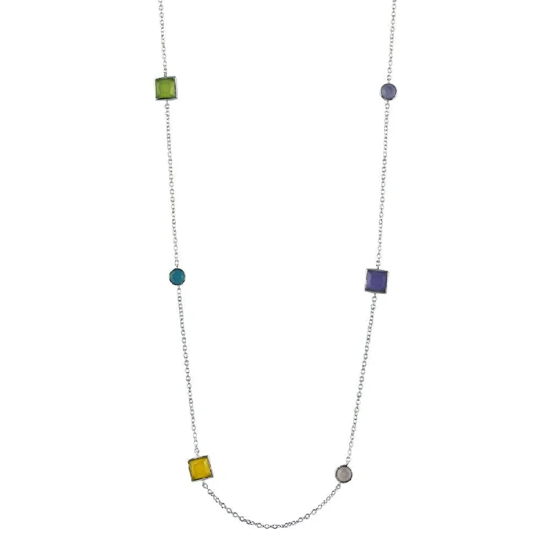 Stunning necklaces and pendants with sapphire gemstones for a luxurious blue hue-Rhodium Plated 925 Sterling Silver Multiple Color Stone Chain Necklace 36" - BGP00925