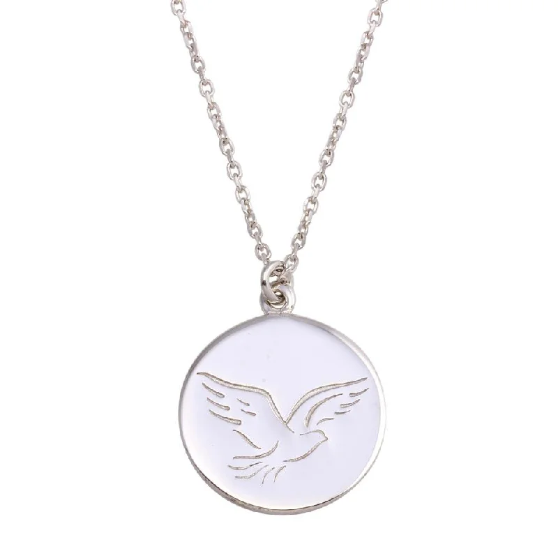 Necklaces and pendants with custom designs for a completely unique jewelry piece-Rhodium Plated 925 Sterling Silver Disc With Dove Words Necklace - SOP00129