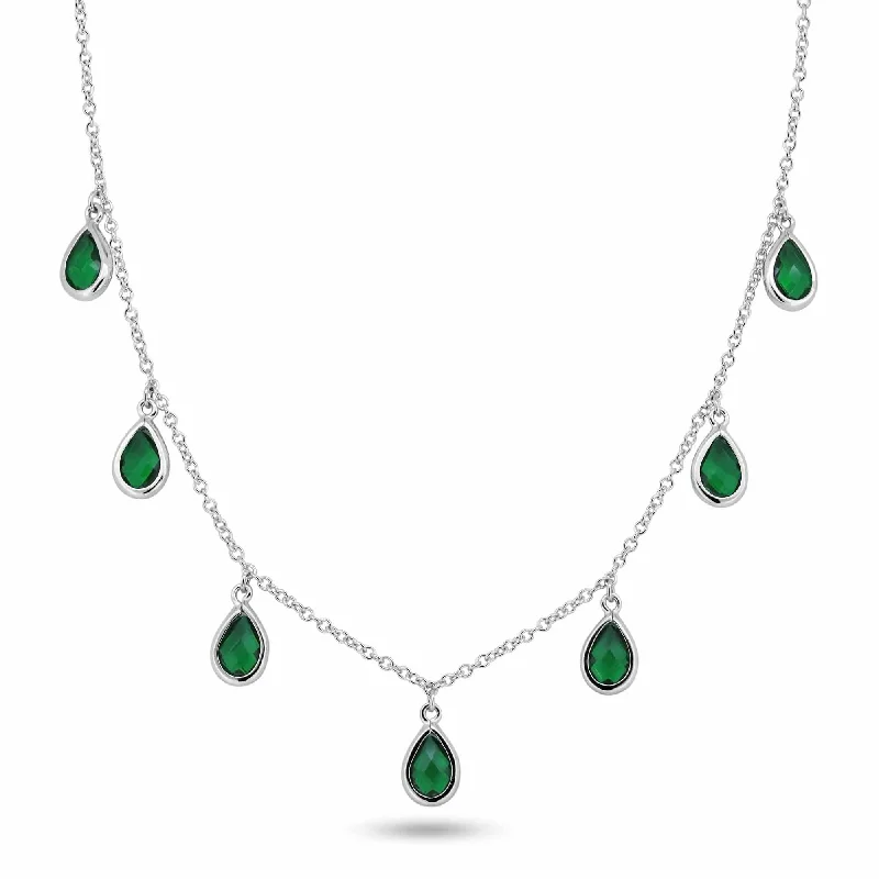 Best necklaces and pendants with minimalist pendants for a sleek, understated look-Rhodium Plated 925 Sterling Silver Dangling Green CZ Teardrop Necklace - BGP01250GRN