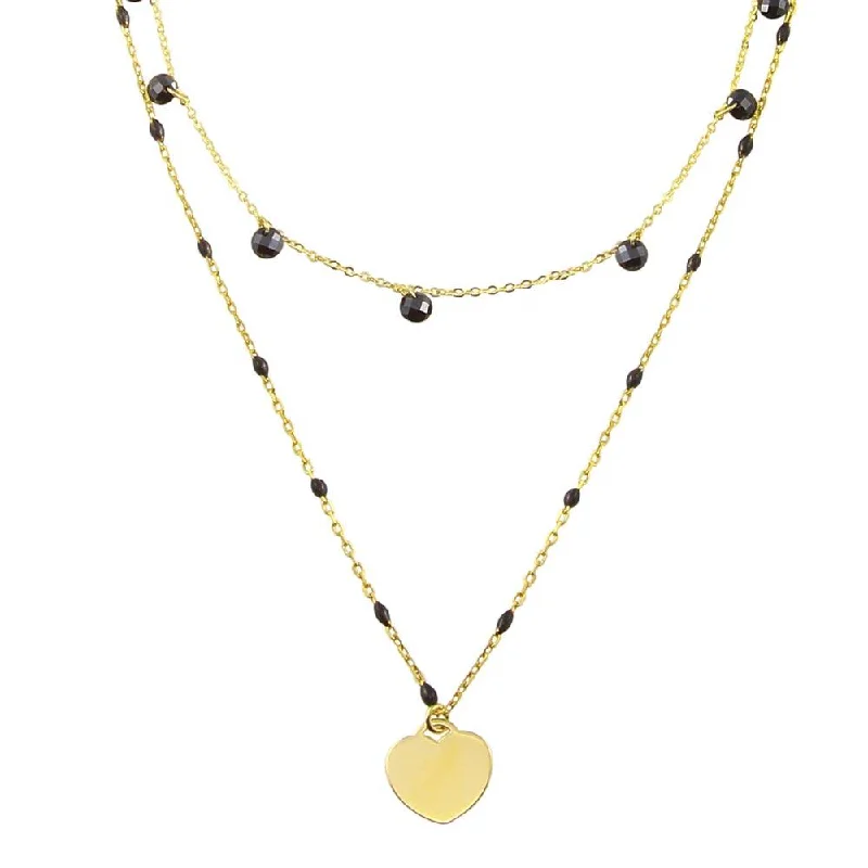 Best necklaces and pendants with seashell designs for a tropical, beachy vibe-Gold Plated 925 Sterling Silver Multi Chain Black CZ Enamel Beaded Heart Necklace - ECN00063GP