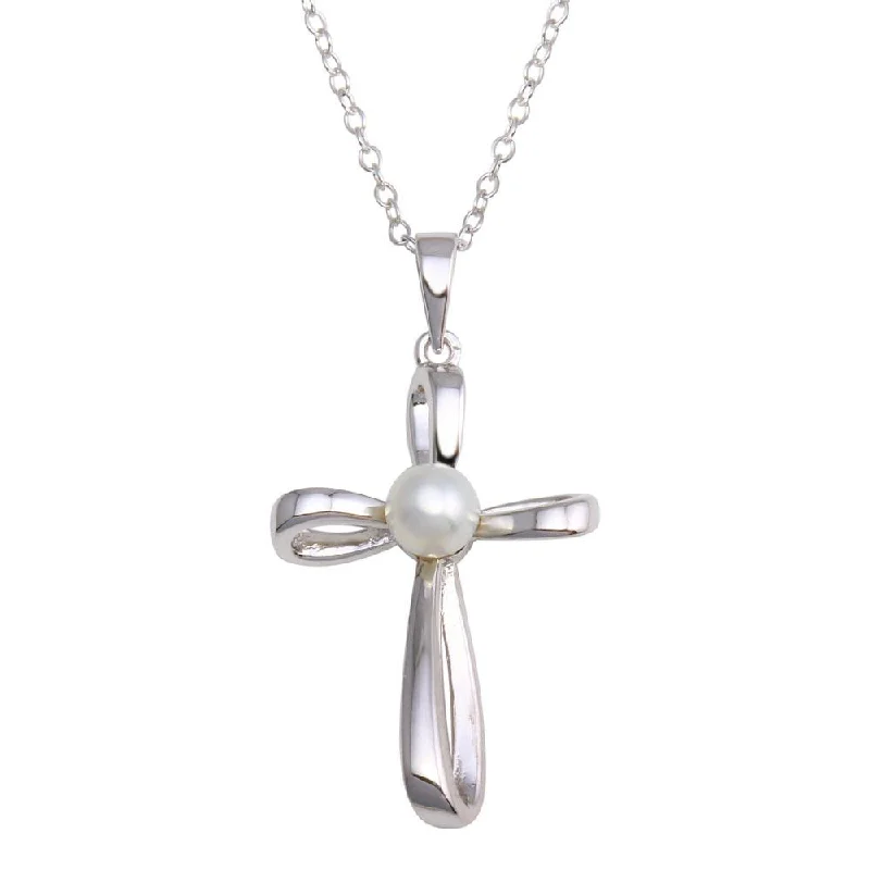 Best necklaces and pendants with opal gemstones for an iridescent glow-Rhodium Plated 925 Sterling Silver Pearl Center Cross Necklace - BGP01296