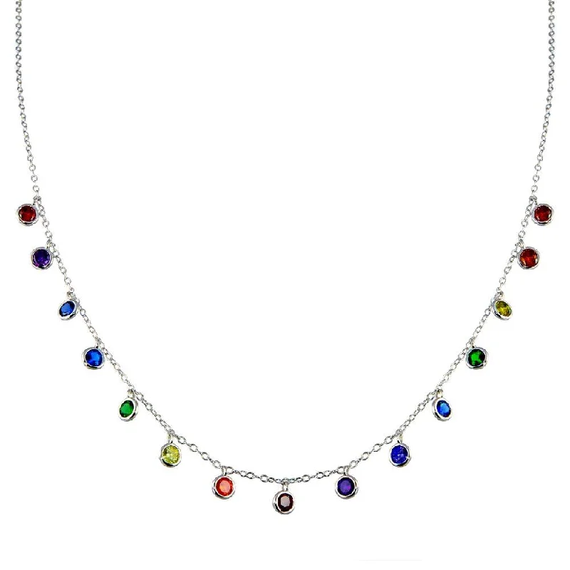 Best necklaces and pendants with sterling silver for an affordable yet stylish choice-Rhodium Plated 925 Sterling Silver Multi Color CZ Necklace - BGP01370