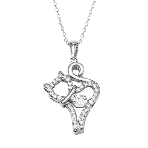 Necklaces and pendants with lotus flower designs for a spiritual, peaceful vibe-Rhodium Plated 925 Sterling Silver Cat Necklace with Dancing CZ - STP01687