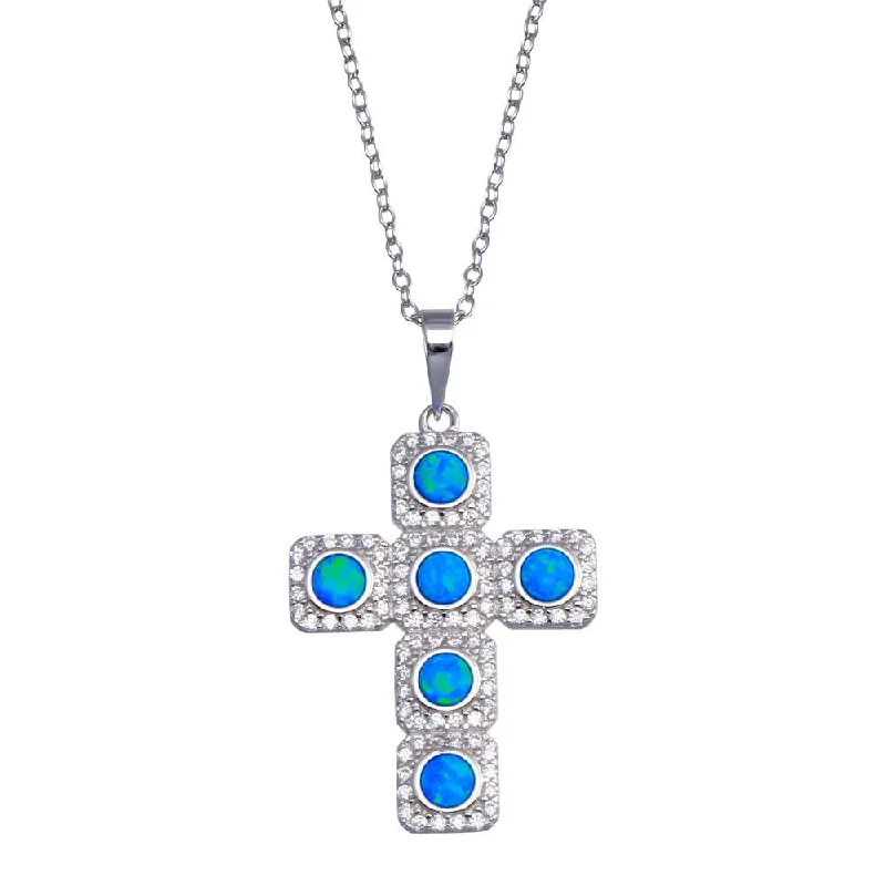 Beautiful necklaces and pendants with diamond halo settings for extra brilliance-925 Sterling Silver  Rhodium Plated Cross Blue and Clear CZ Necklace - BGP01386