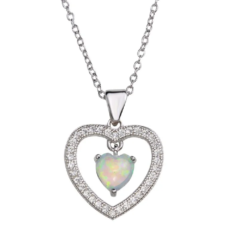 Personalized necklaces and pendants with name engravings for a custom touch-Rhodium Plated 925 Sterling Silver Open Heart Pendant Necklace with Synthetic Opal and CZ - STP01679RH