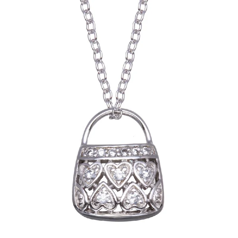 Necklaces and pendants with feather designs for a boho-chic, carefree vibe-Clearance-Rhodium Plated 925 Sterling Silver Clear CZ Purse Necklace - BGP00081