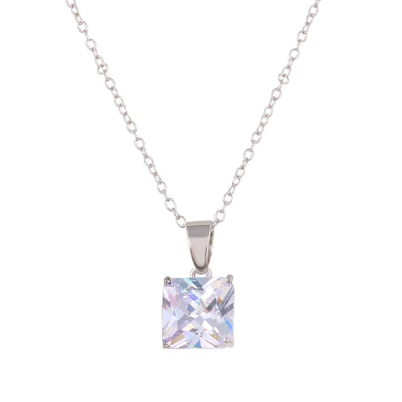 Best necklaces and pendants with vintage coin pendants for a unique accessory-Rhodium Plated 925 Sterling Silver Square CZ Solitaire Necklace - STP01631RH