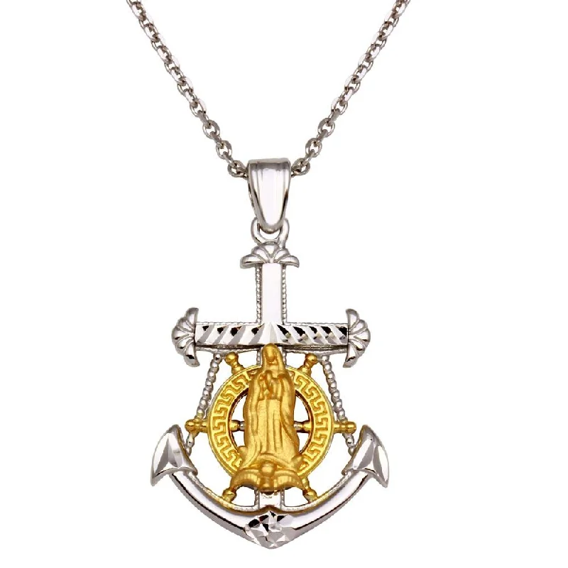 Trendy necklaces and pendants with statement pieces for a bold fashion statement-Two-Tone 925 Sterling Silver Virgin Mary Anchor Pendant Necklace - GMP00010RG