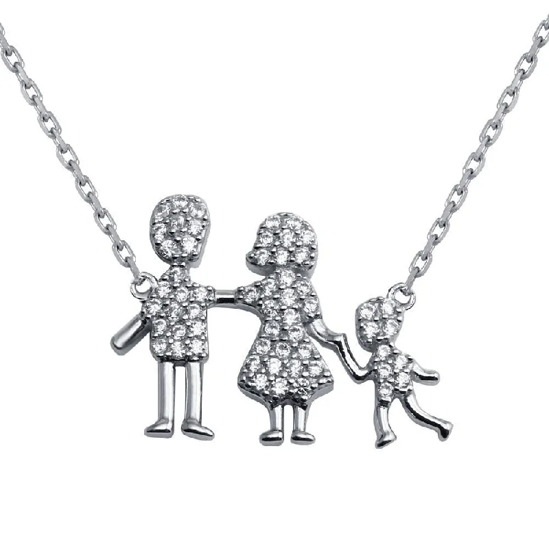 Necklaces and pendants with star-shaped designs for a whimsical, celestial touch-Rhodium Plated 925 Sterling Silver CZ Mom, Dad, Baby Boy Family Necklace - GMN00040