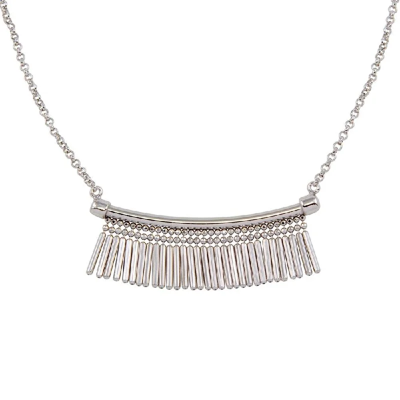 Necklaces and pendants with geometric pendants for a clean, contemporary design-Rhodium Plated 925 Sterling Silver Bar with Tassels Necklace - ECN00041RH