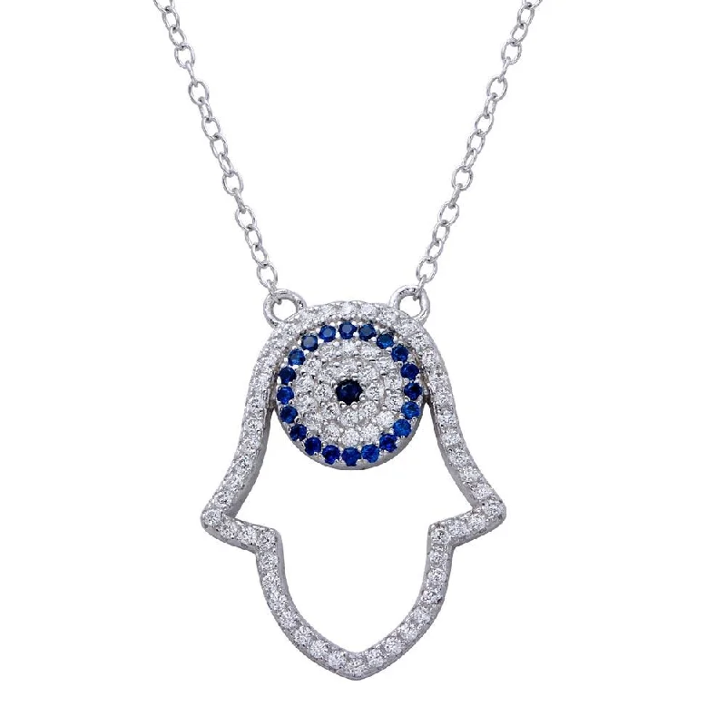 Beautiful necklaces and pendants with diamond halo settings for extra brilliance-Rhodium Plated 925 Sterling Silver Hamsa Pendant Necklace with CZ - BGP01268