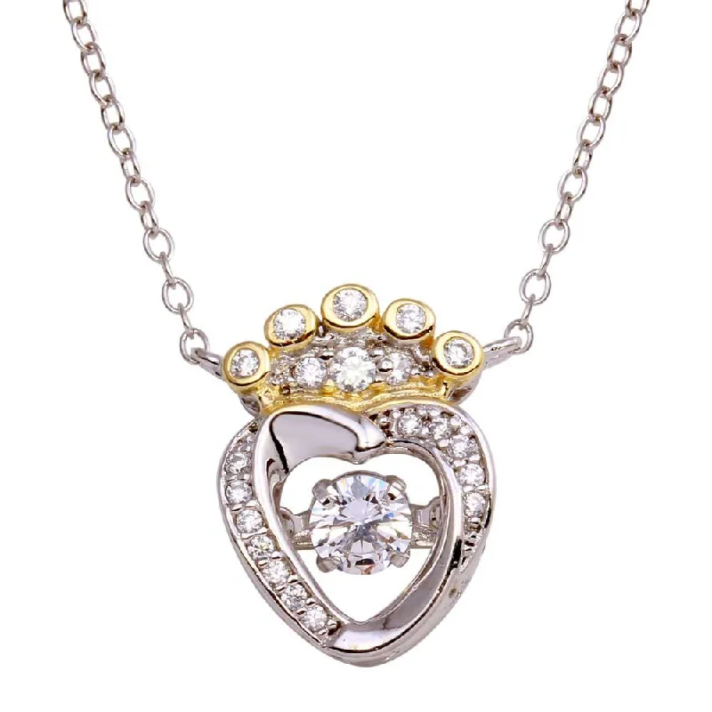 Unique necklaces and pendants with gemstones for a colorful and vibrant statement-Two-Tone 925 Sterling Silver Crown Heart Dancing CZ Necklace - STP01696