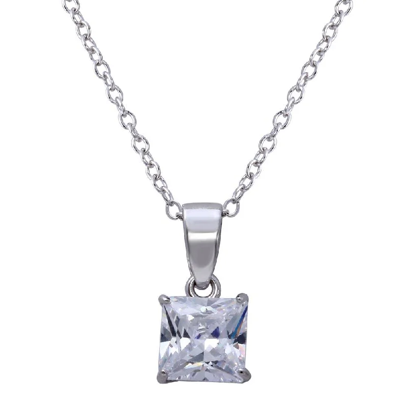 Best necklaces and pendants with personalized coordinates for a special keepsake-Rhodium Plated 925 Sterling Silver Square Clear CZ Solitaire Necklace - STP01629RH