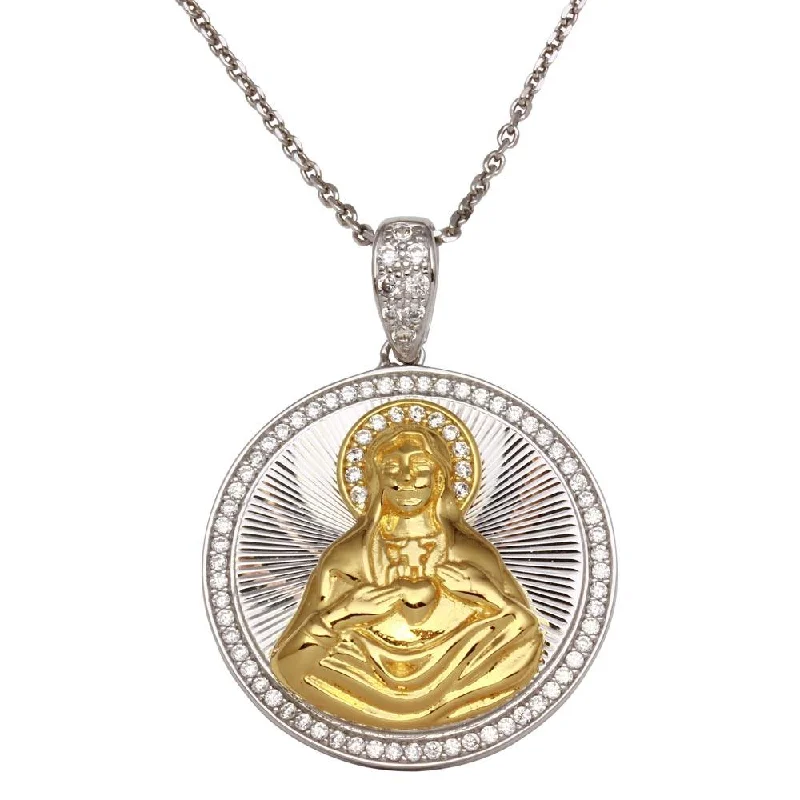 Layered necklaces and pendants for a trendy and fashionable stacked look-Two-Tone 925 Sterling Silver Round Virgin Mary Pendant Necklace with CZ - GMP00014RG