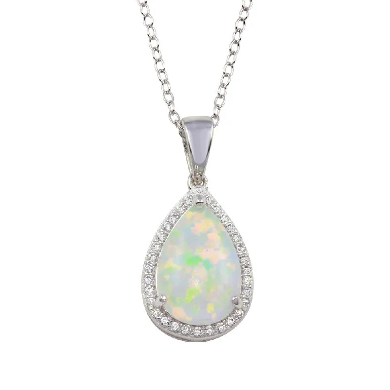 Beautiful necklaces and pendants with diamond halo settings for extra brilliance-Rhodium Plated 925 Sterling Silver Teardrop Synthetic Opal Pendant Necklace with CZ - STP01711