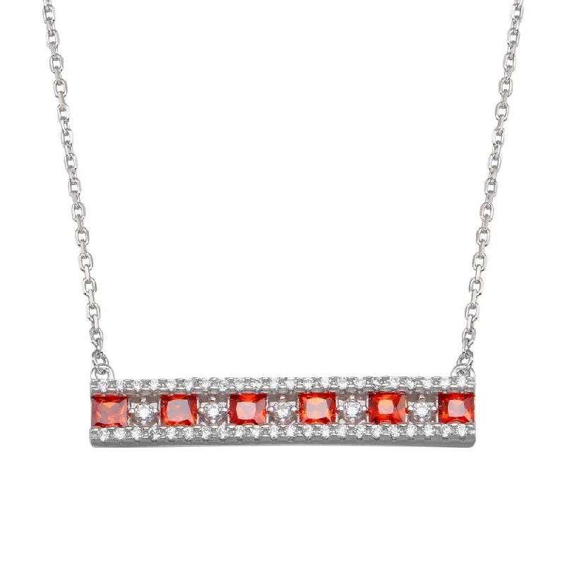 Beautiful necklaces and pendants with moonstone for an ethereal, mystical appearance-Rhodium Plated 925 Sterling Silver Horizontal Bar Red CZ Necklace - BGP01368RED