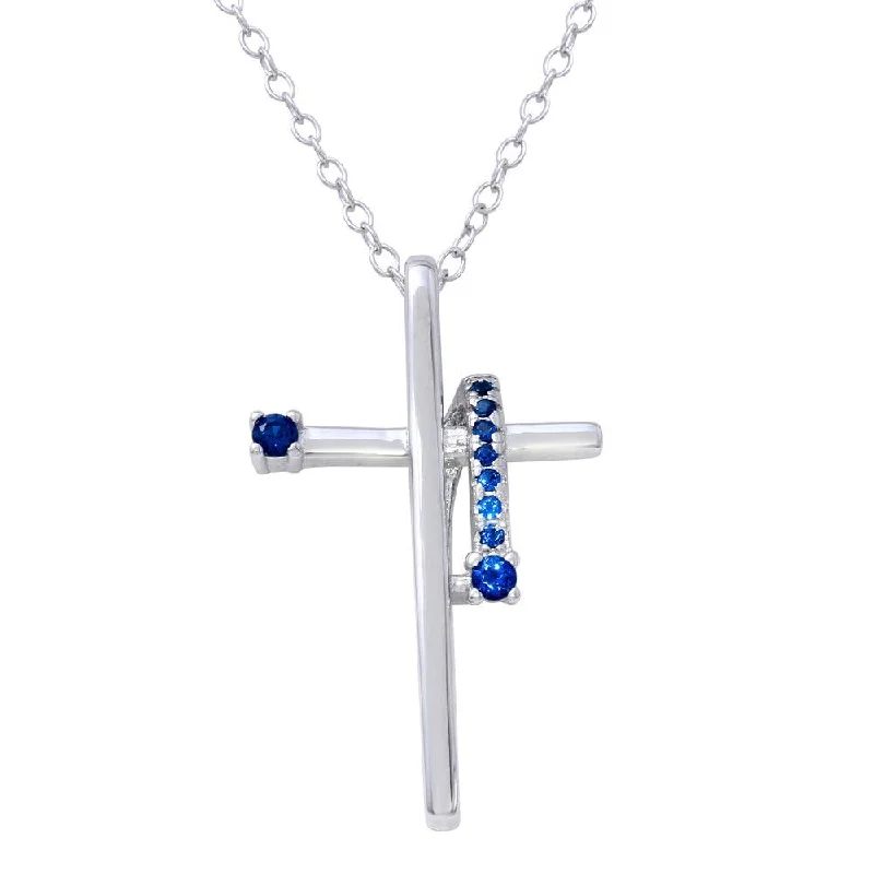 Elegant necklaces and pendants with gold chains for a chic, timeless appearance-Rhodium Plated 925 Sterling Silver Blue CZ Designed Cross Necklace - BGP01273BLU