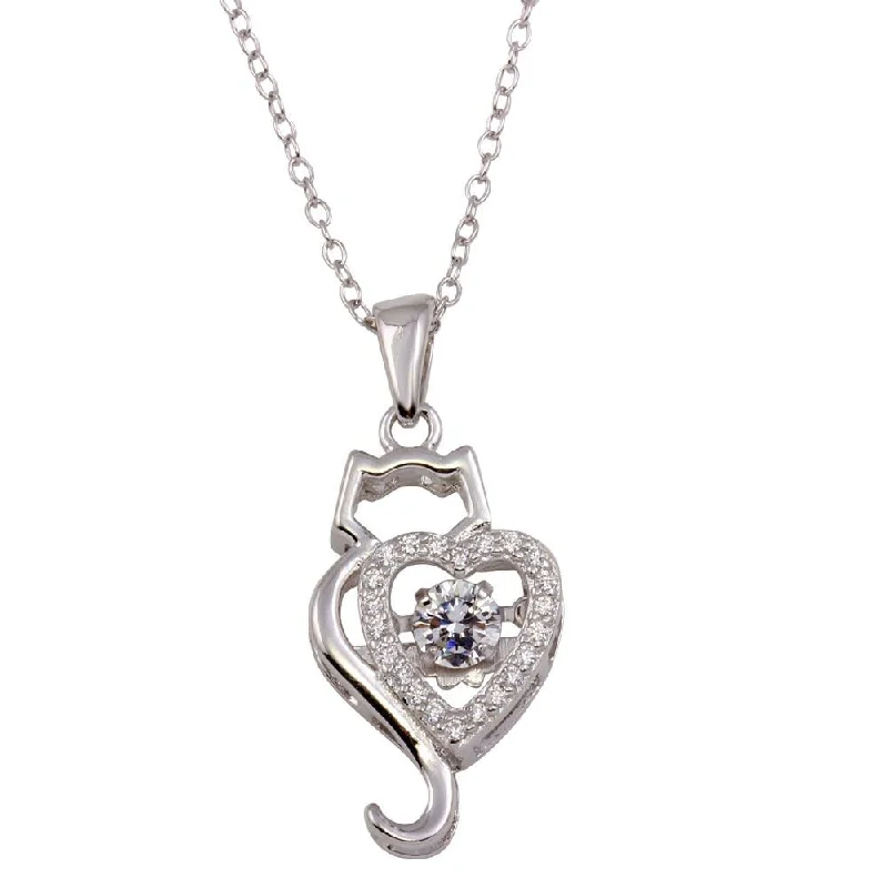 Beautiful necklaces and pendants with tree branch motifs for a nature-inspired design-Rhodium Plated 925 Sterling Silver Dancing CZ Heart Cat Necklace - STP01695