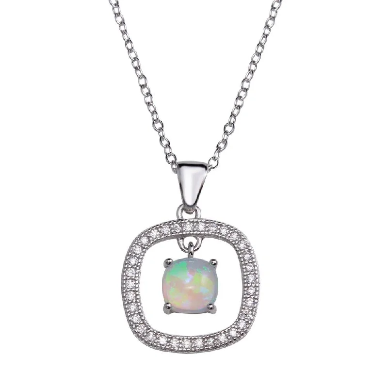 Best necklaces and pendants for weddings with matching designs for bride and groom-Rhodium Plated 925 Sterling Silver Open Rounded Square Pendant Necklace with Synthetic Opal and CZ - STP01680RH