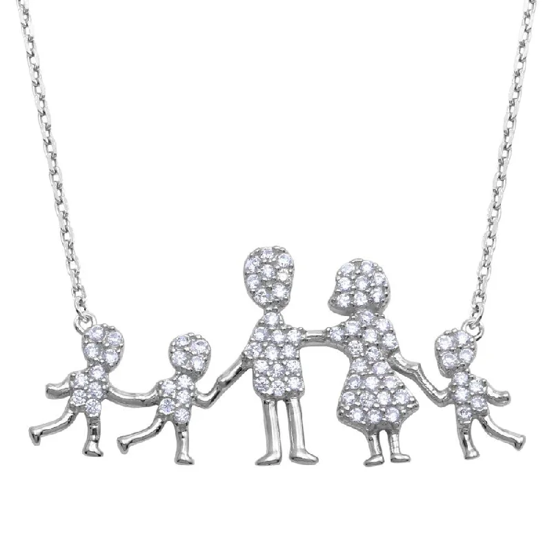 Necklaces and pendants with personalized charms for a custom piece of jewelry-Rhodium Plated 925 Sterling Silver Mom, Dad, and 3 Sons Family Necklace with CZ - GMN00067