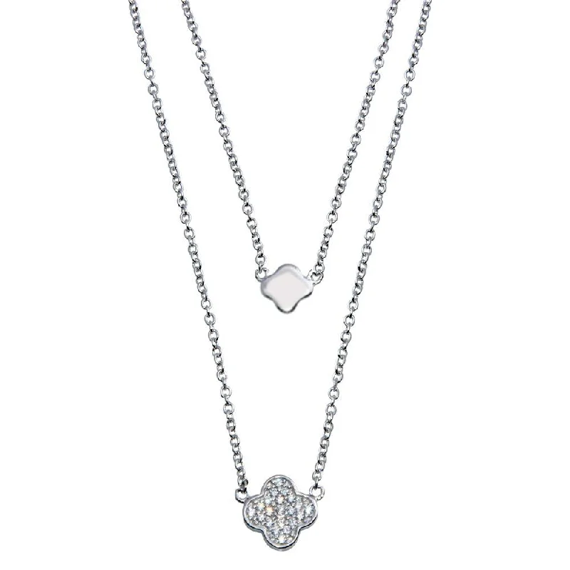 Necklaces and pendants with engraved messages for a deeply personal, sentimental gift-Rhodium Plated 925 Sterling Silver Double Chain Clover Necklace with CZ - STP01507