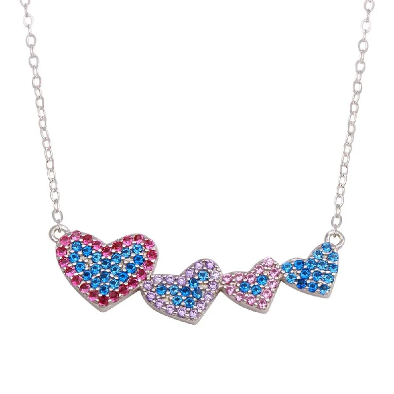 Best necklaces and pendants with heart-shaped designs for a romantic look-Rhodium Plated 925 Sterling Silver Rainbow Multi Color CZ 4 Hearts Necklace - STP01733