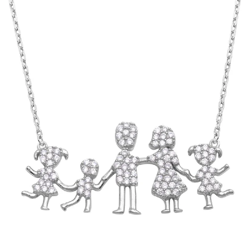 Best necklaces and pendants with adjustable chains for a customizable fit-Rhodium Plated 925 Sterling Silver Mom, Dad, 2 Daughters, and Son Family Necklace with CZ - GMN00069