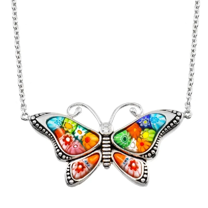 Unique necklaces and pendants with custom birthstone arrangements for personalization-Rhodium Plated 925 Sterling Silver Butterfly Murano Glass CZ Necklace - MN00004