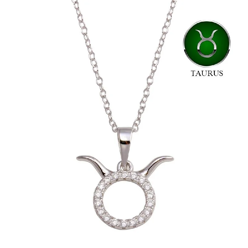 Beautiful necklaces and pendants with butterfly motifs for a whimsical style-Rhodium Plated 925 Sterling Silver Taurus CZ Zodiac Sign Necklace - BGP01334