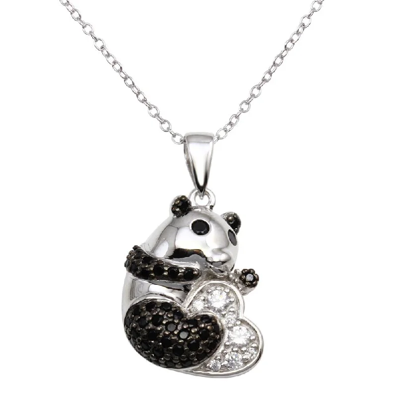 Unique necklaces and pendants with tree of life motifs for nature-inspired elegance-Rhodium Plated 925 Sterling Silver Black and Clear CZ Panda Bear Necklace - BGP01291