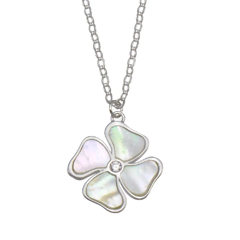 Trendy necklaces and pendants with statement pieces for a bold fashion statement-Rhodium Plated 925 Sterling Silver Mother of Pearl and CZ Clover Necklace - GMN00085