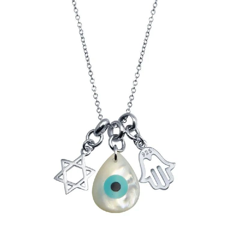 Necklaces and pendants with pearls for a classic and sophisticated touch-Rhodium Plated 925 Sterling Silver Hamsa Hand and Evil Eye MOP Necklace - STP01763