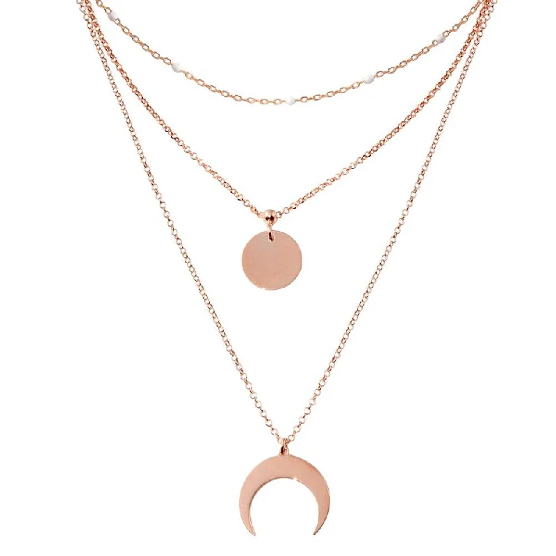 Best necklaces and pendants with intricate beadwork for a bohemian-inspired look-Rose Gold Plated 925 Sterling Silver Multi Chain White Enamel Beaded Disc and Crescent Necklace - ECN00065RGP