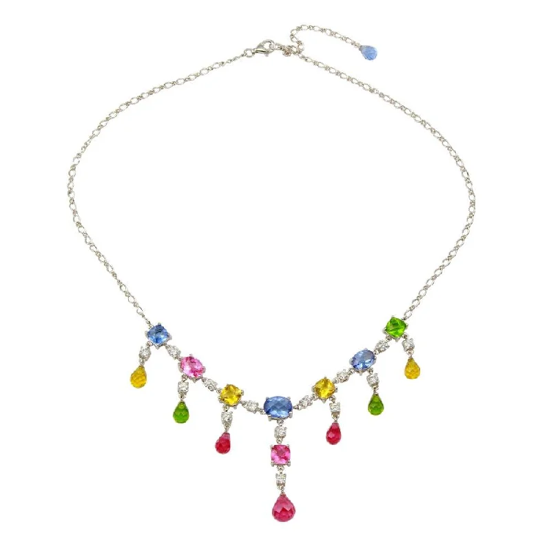 Unique necklaces and pendants with artistic shapes for a creative, one-of-a-kind design-Clearance-Rhodium Plated 925 Sterling Silver Multi-colored CZ Drop Necklace - STP00334