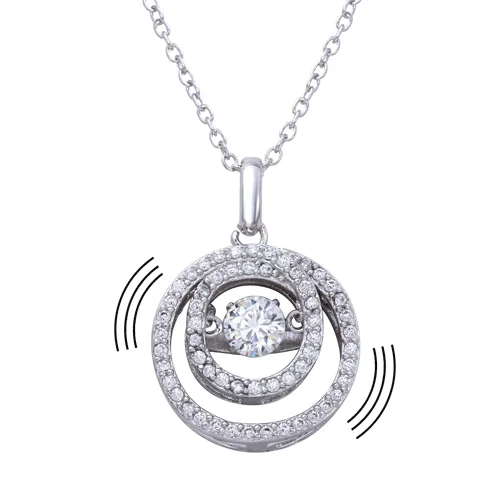 Best necklaces and pendants with intricate beadwork for a bohemian-inspired look-Rhodium Plated 925 Sterling Silver Double Open Circle Pendant Necklace with Dancing CZ - STP01638