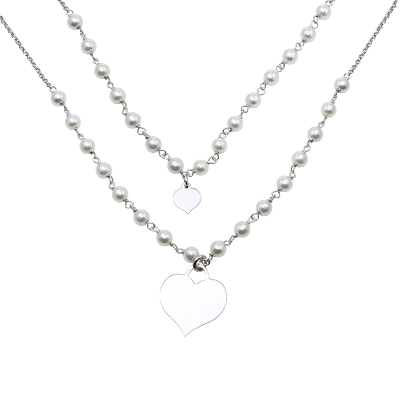 Best necklaces and pendants with statement designs for a fashionable accessory-Rhodium Plated 925 Sterling Silver Double Chain Synthetic Pearl and Heart Pendant Necklace - ECN00034RH