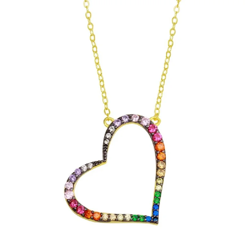 Elegant necklaces and pendants with gold chains for a chic, timeless appearance-Gold Plated 925 Sterling Silver Multi Color CZ Slanted Heart Pendant Necklace - STP01742