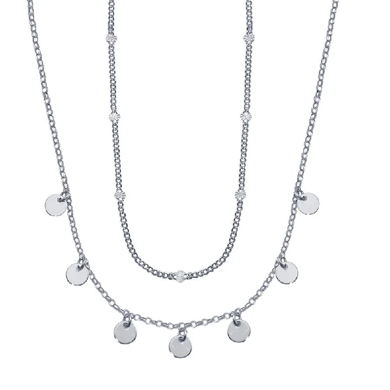 Trendy necklaces and pendants with statement pieces for a bold fashion statement-Rhodium Plated 925 Sterling Silver Multi Chain Dangling Disc Charm Necklace - ITN00144-RH