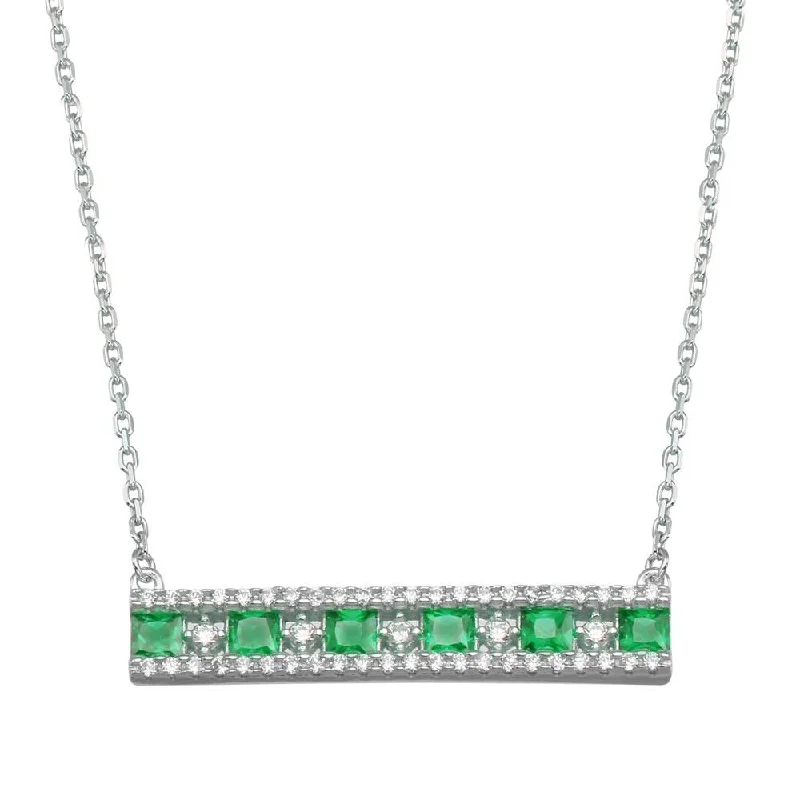 Best necklaces and pendants with opal gemstones for an iridescent glow-Rhodium Plated 925 Sterling Silver Horizontal Bar Green CZ Necklace - BGP01368GRN