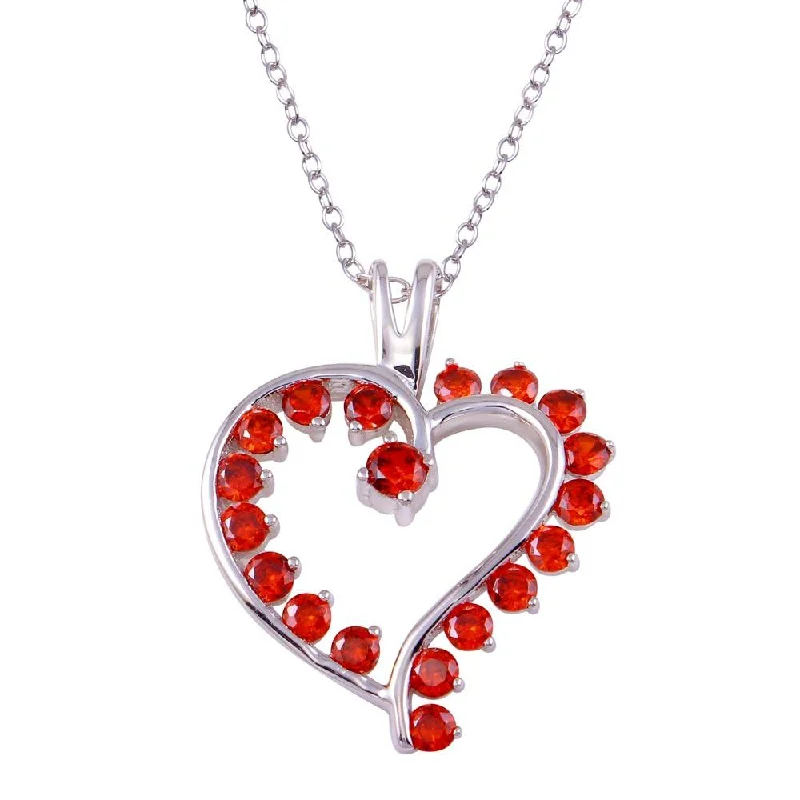 Necklaces and pendants with engraved messages for a deeply personal, sentimental gift-Rhodium Plated 925 Sterling Silver Multi Red CZ Open Heart Necklace - BGP01318