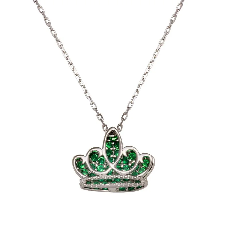 Stunning necklaces and pendants with amethyst gemstones for a calming effect-Rhodium Plated 925 Sterling Silver Green CZ Crown Necklace - GMN00036MAY