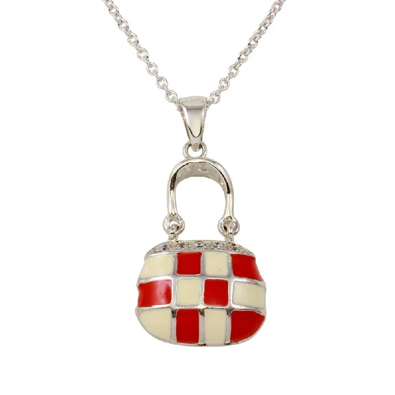 Best necklaces and pendants with minimalist pendants for a sleek, understated look-Clearance-Rhodium Plated 925 Sterling Silver Pink and White Checkered Purse Pendant Necklace with CZ - STP00215