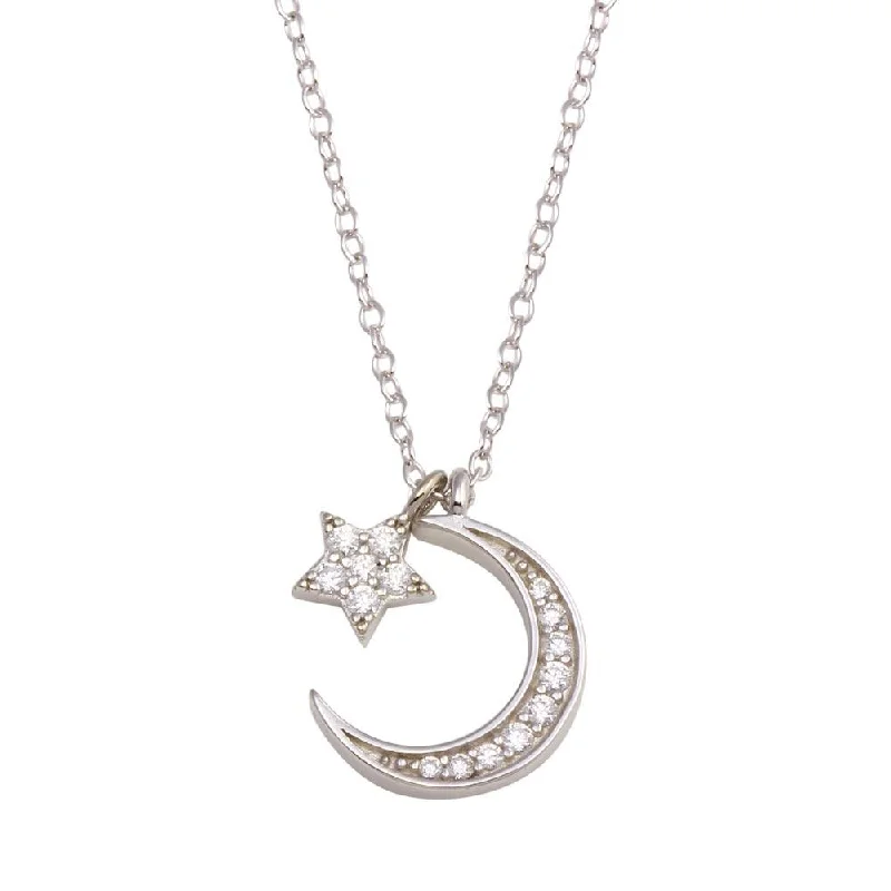 Simple necklaces and pendants with tiny charms for a delicate and casual vibe-Rhodium Plated 925 Sterling Silver Dangling Flower Crescent CZ Necklace - STP01741