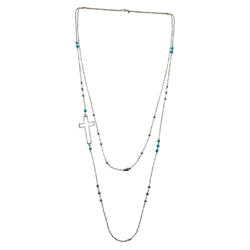 Unique necklaces and pendants with custom birthstone arrangements for personalization-Rhodium Plated 925 Sterling Silver Cross Chain Necklace with Turquoise Beads - TRN00002