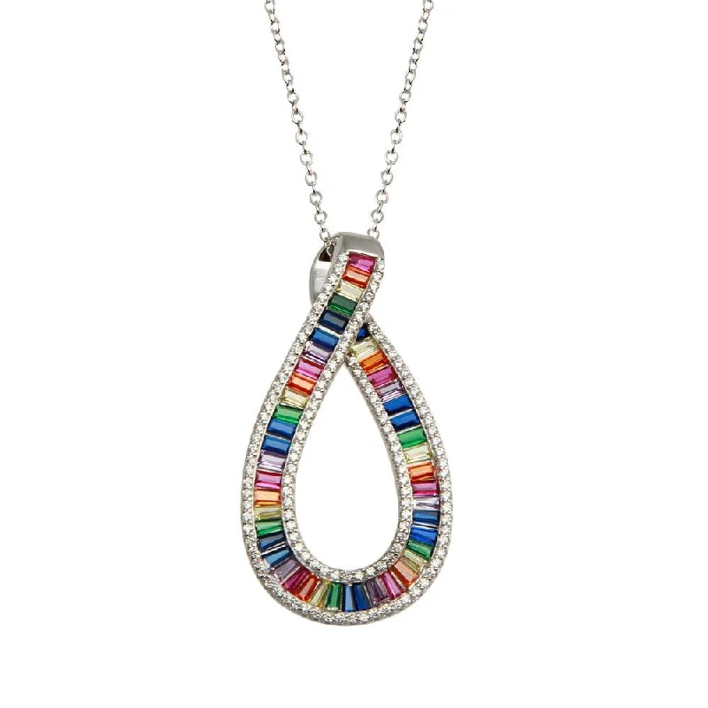 Unique necklaces and pendants with vintage-inspired designs for timeless appeal-Rhodium Plated 925 Sterling Silver Rainbow Multi Color CZ Ribbon Necklace - BGP01385